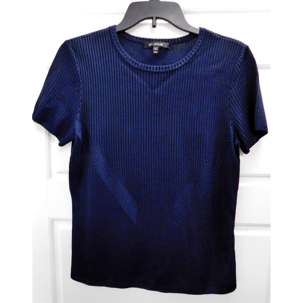 St John Navy Blue Ribbed Knit Short‎ Sleeve Sweater sz S